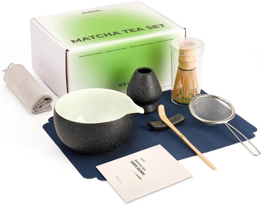 Joiish Matcha Whisk Set, Matcha Kit 10-Pcs, Bamboo Whisk and Ceramic Bowl with Spout & Measuring Spoon & Cup, Japanese Ceremony Matcha Tea Powder Making Tools, Light Green