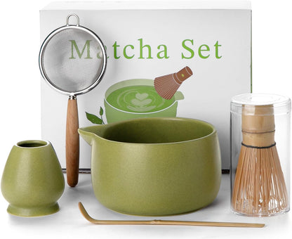 Matcha Whisk Set - 5PCS Matcha Set Includes 17OZ Chawan with Spout, Bamboo Chasen Whisk with Ceramic Holder, Matcha Scoop and Stainless Sifter, Matcha Kit for Ceremony, Gift for Matcha Lovers