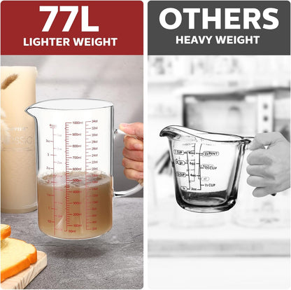 Lallisa 3 Pack High Borosilicate Glass Measuring Cups Set with Handle V Shaped Spout, 4, 2, 1 Cup 3 Scales (Oz, Cup, Ml) for Kitchen Restaurant Baking Cooking, Easy to Read, Clear(White Scale)