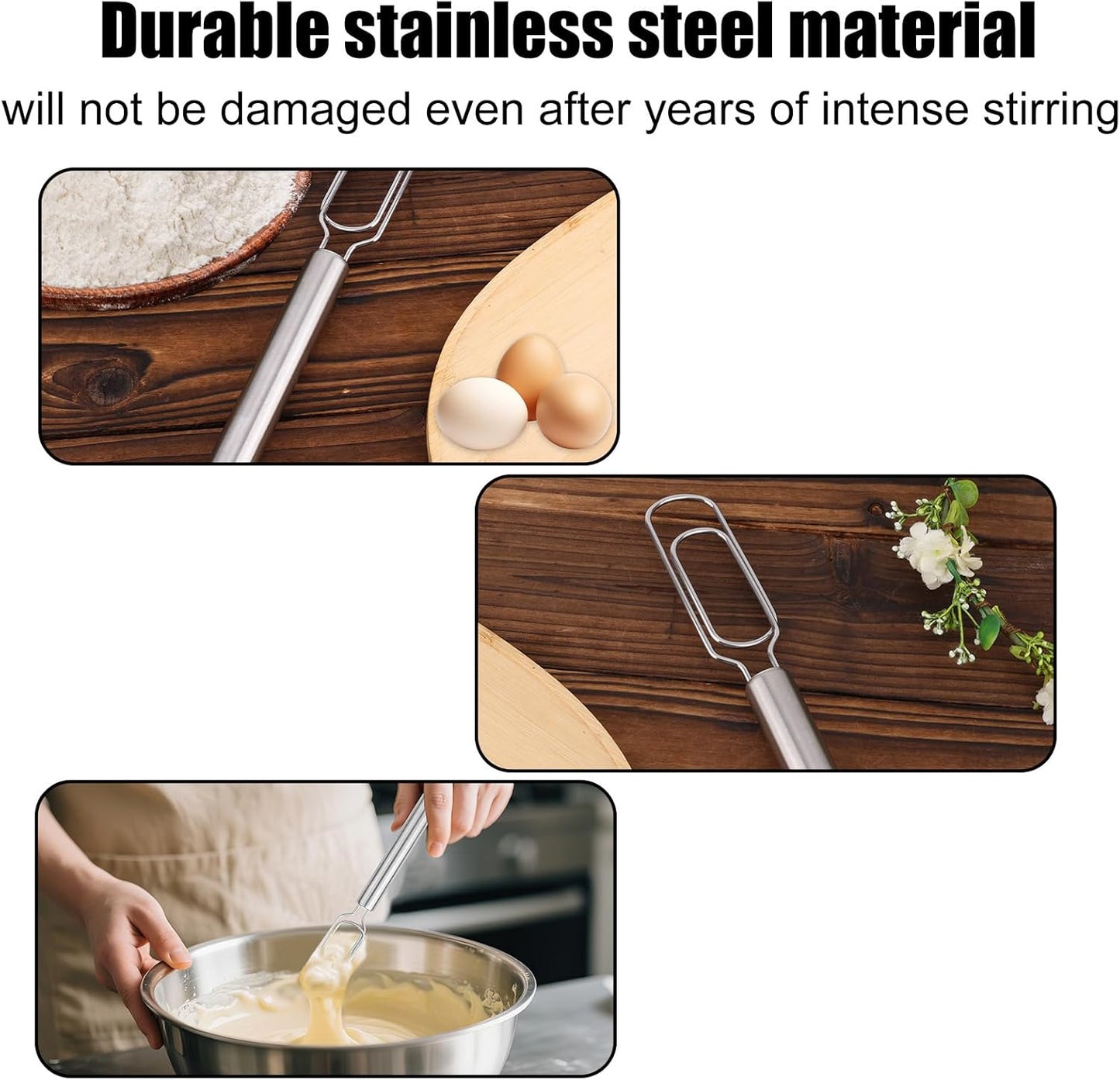 2pcs Dough Whisks, Stainless Steel Durable Dough Mixer Hand Tools Reaches Jar Bottom Bread Whisk Tool for Pizza Bread Cake Eggs Mixing