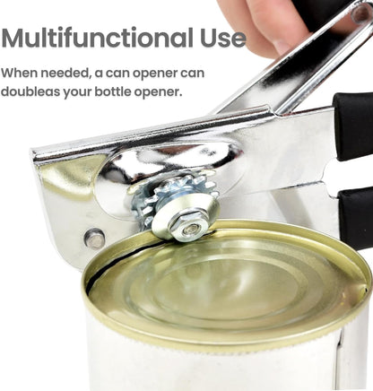Manual Can Opener with Magnet, Heavy Duty Hand Can and Bottle Opener with Stainless Steel Blade and Rubber Grip, Smooth Cutting Hand Can Openers for Senior, Magnetic Lid Remover Kitchen Tool (Black)