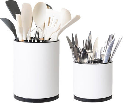 LIBODOUR Kitchen Utensil Holder Extra Large 360°Rotating For Counter Organizer Stainless Steel Storage Cooking Silverware Caddy 3 Compartment Flatware Spoon Spatula Tool Cutlery Container（Silvery）