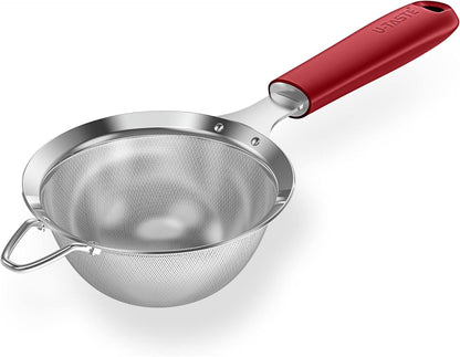 18/8 Stainless Steel Mesh Strainer: U-Taste 5.5 Inch Kitchen Fine Mesh Sieve Food Colander with Riveted Sturdy Silicone Handle and 30 Mesh Hole for Straining Flour, Pasta, Fruit, Quinoa(Aqua Sky)