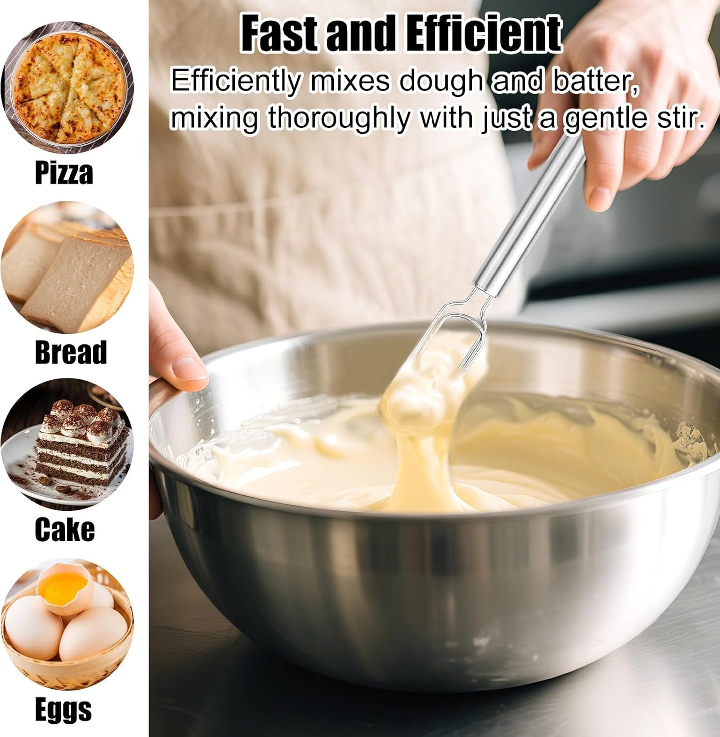 2pcs Dough Whisks, Stainless Steel Durable Dough Mixer Hand Tools Reaches Jar Bottom Bread Whisk Tool for Pizza Bread Cake Eggs Mixing