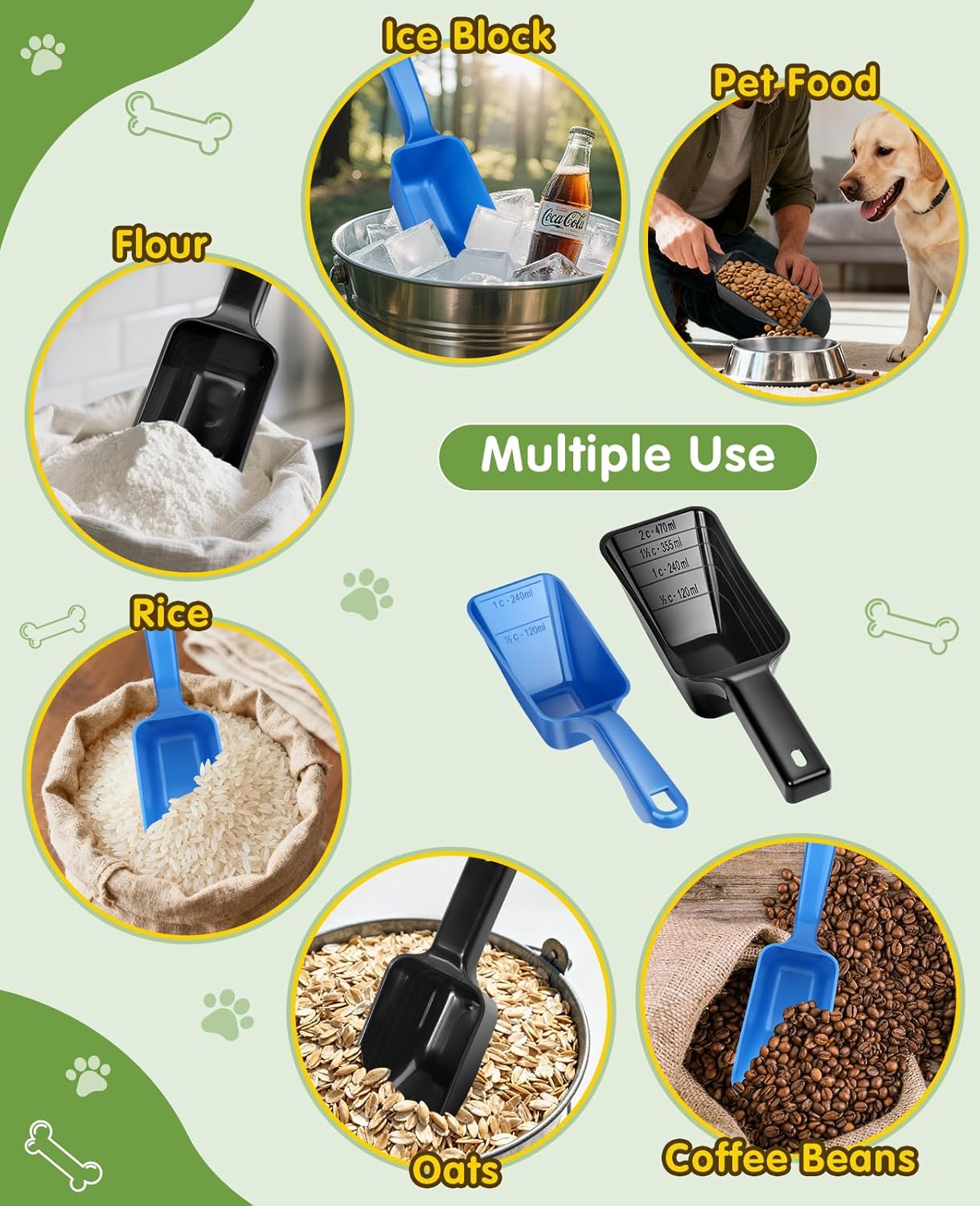 2 Pack Dog Food Scoop with 1 Cup and 2 Cup Capacity, Plastic Pet Food Measuring Scoops with Clear Measurement Lines for Dogs, Cats & More,Dishwasher safe (Green and Black)