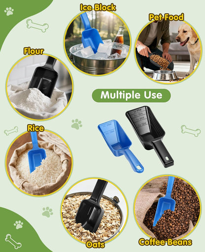 2 Pack Dog Food Scoop with 1 Cup and 2 Cup Capacity, Plastic Pet Food Measuring Scoops with Clear Measurement Lines for Dogs, Cats & More,Dishwasher safe (Green and Black)