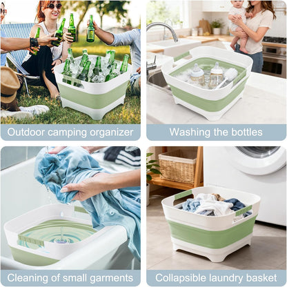 Collapsible Dish Basin with Drain Plug, 2.4 Gal 9L Foldable Wash Basin, Portable Sink Tub for Kitchen, Baby Bottles, Camping, RV, Vegetable Washing and Beverage Tub, Gray