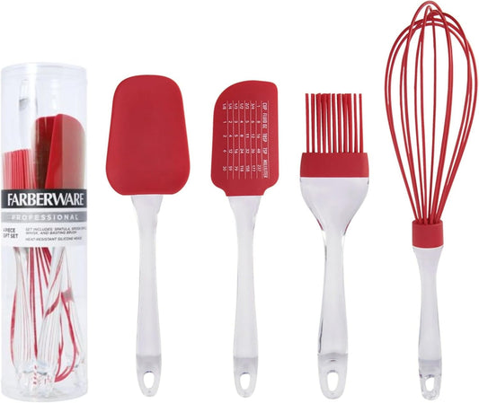 Farberware Kitchen Utensil Gift Set, 4-Piece Silicone & Plastic Tools with Whisk, Spatula, Spoon Spatula & Basting Brush, Heat Resistant Kitchen Gadget Set, Dishwasher Safe