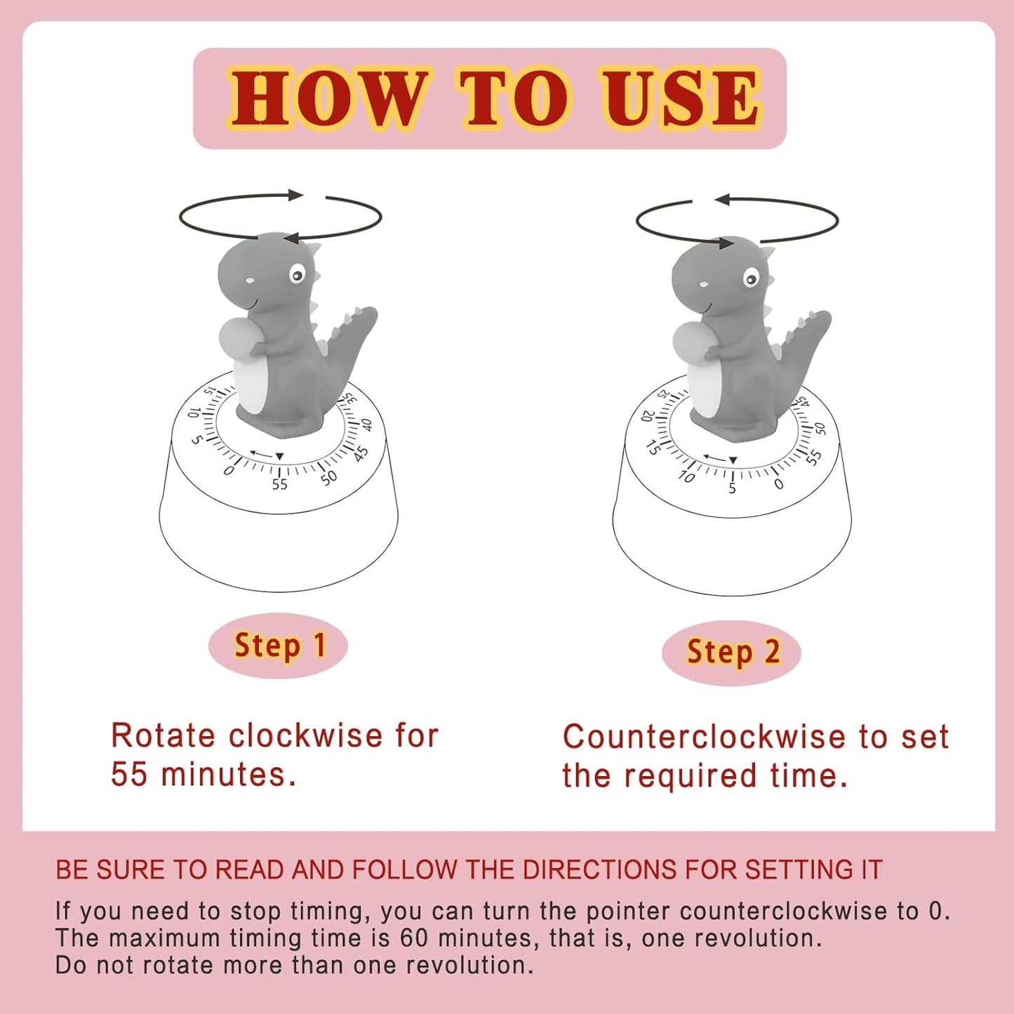 ELE DEPI 60 Minutes Mechanical Kitchen Timer,Cute Dinosaur Timer for Kids,Wind Up Egg Timer for Cooking,Reading,Classroom and Do Sports. (Dark Green)