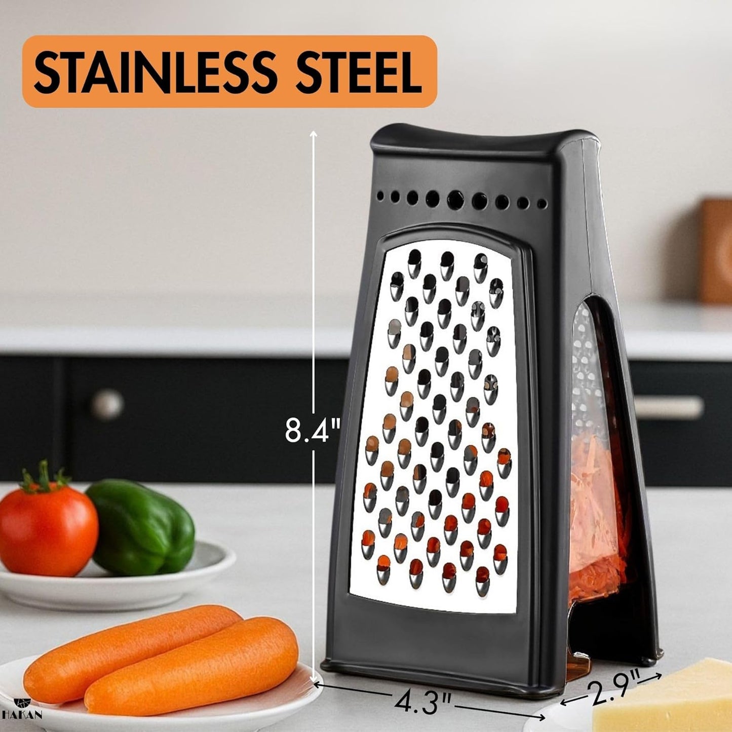 HAKAN Grater with Collection Box and Stainless Steel Blades | Handheld Ergonomic Cheese & Vegetable Grater with Container | 18.5 oz Box | Dishwasher Safe