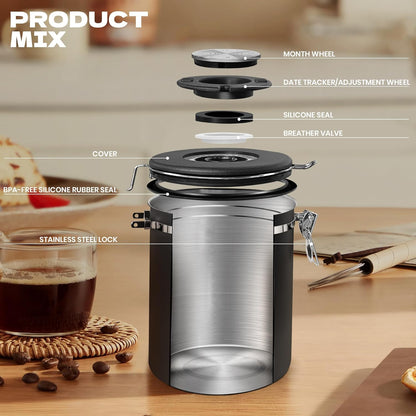 Coffee Canisters with Window,Scoop and Airtight Lid Stainless Steel Kitchen Bean Storage Grounds Container Date Tracker and Scoop for Grounds Coffee Bar Accessories (Cream+window, 22 oz)