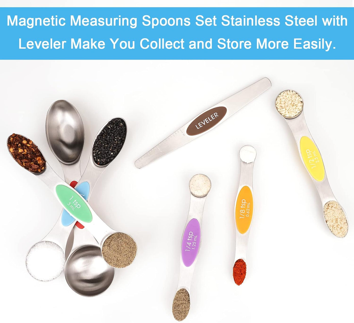 Mini Measuring Spoon Set, Heavy Duty Stainless Steel Measuring Spoons for Cooking Baking, Tablespoon Teaspoon for Dry or Liquid Ingredients, Fits in Spice Jar, 1/64 1/32 1/16 1/8 1/4 tsp