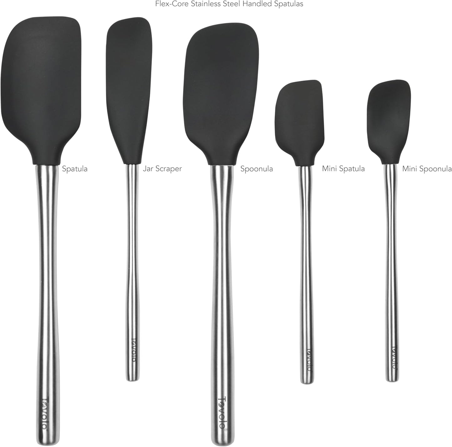 Tovolo Stainless Steel Handled Silicone Spatula Set of 5 White, Dishwasher Safe Kitchen Spatula Set for Cooking Baking, Non Toxic BPA Free Silicone Spatula set with Metal Steel Handle