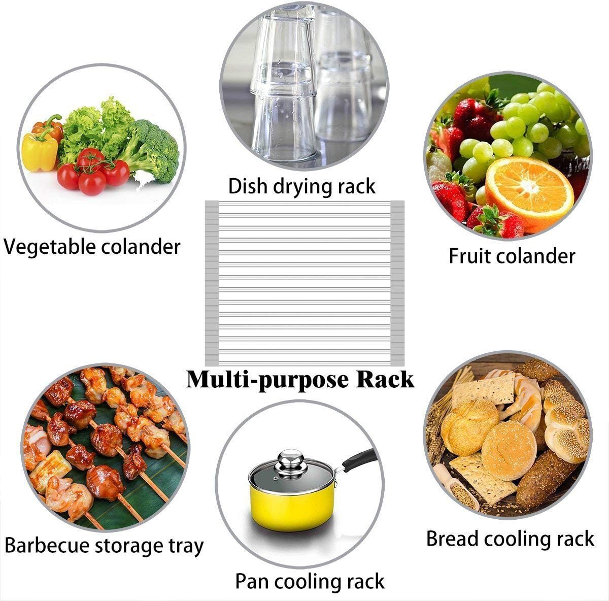LUEXBOX Expandable Dish Drying Rack Over The Sink, Stainless Steel Drainer Basket with Adjustable Arms for Vegetable and Fruit (Grey)