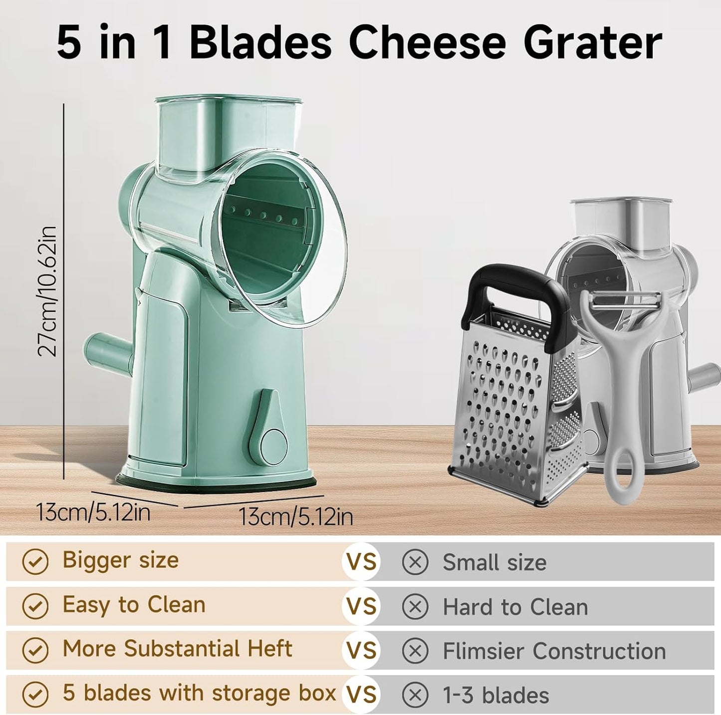 Rotary Cheese Grater Hand Crank, 5 in 1 Mandoline Vegetable Slicer - 5 Sets of Blades,Strong Suction Base&Easy to Clean - Kitchen Cheese Grater Shredder with Handle for Fruit,Vegetable,Nuts
