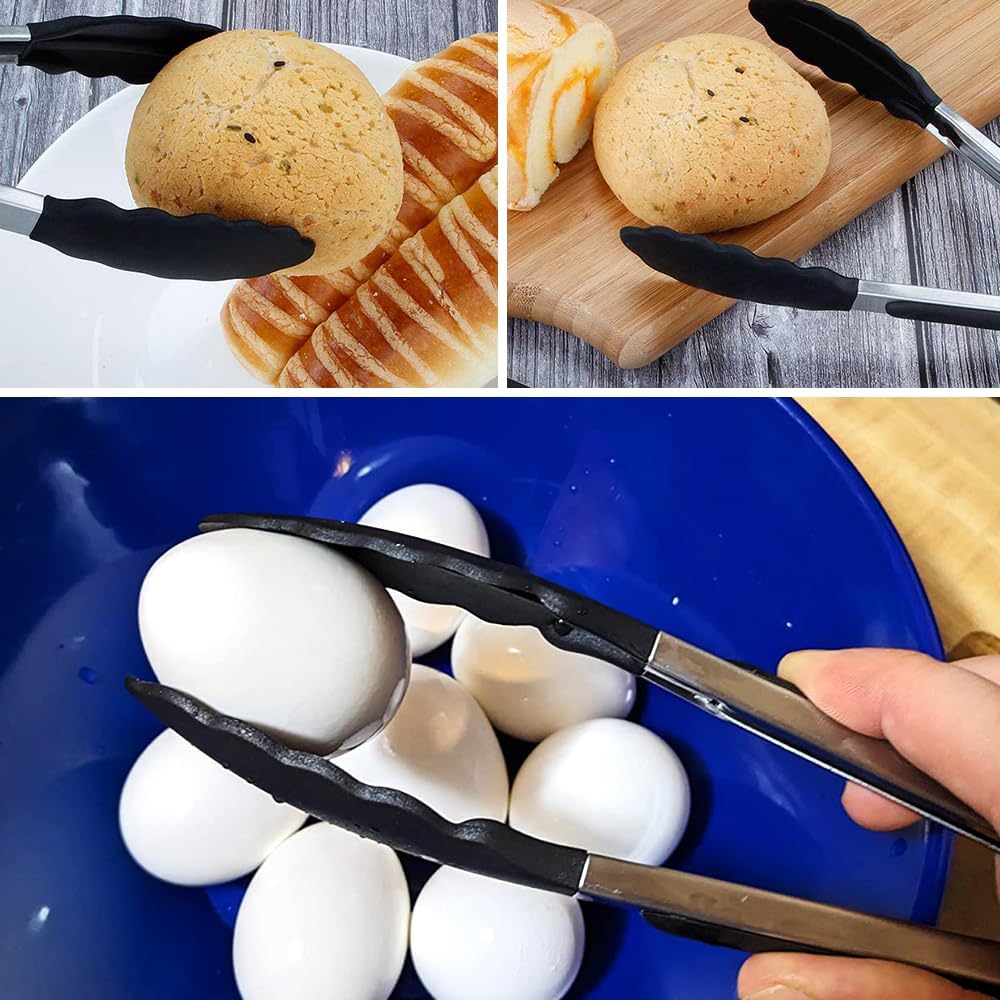 Mini Silicone Serving Tongs Set of 3, Small Kitchen Tongs (7 inch) with Silicone Tips and Stainless Steel Handle, Cooking Tongs for Salads, Pasta, Steaks, Vegetables