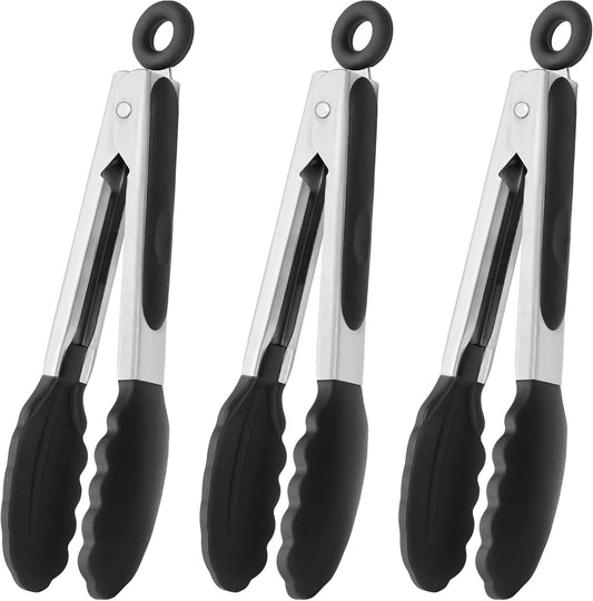 HINMAY Small Silicone Tongs 7-Inch Mini Serving Tongs, Set of 3 (Black Gray White)