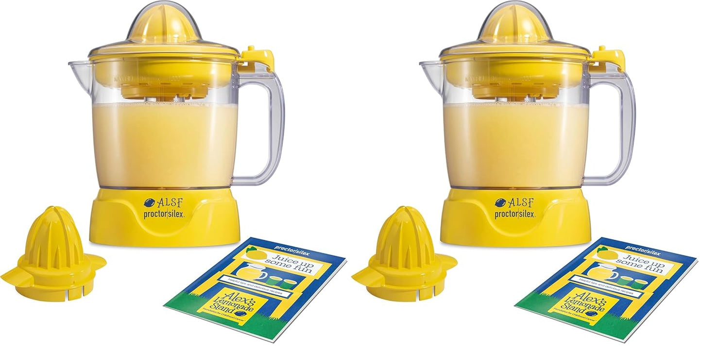 Proctor Silex Alex's Lemonade Stand Electric Citrus Juicer Machine, Large 34 oz. Pitcher, Pressure Activated, for Lemons, Limes and Oranges, 34 oz, Includes 2 Reamers & Recipe Book, Yellow (66341)