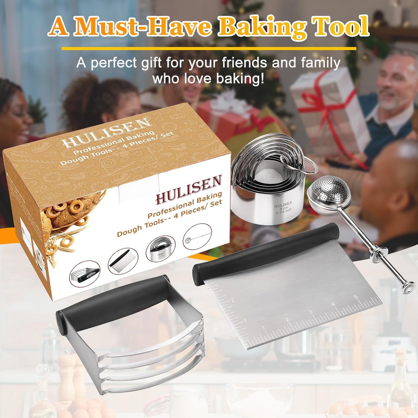 HULISEN Stainless Steel Biscuit Cutter Set, Pastry Scraper and Dough Blender, Sturdy & Long-Lasting with Ergonomic Rubber Grip, Professional Baking Dough Tools, Gift Package (3 Pcs/Set)