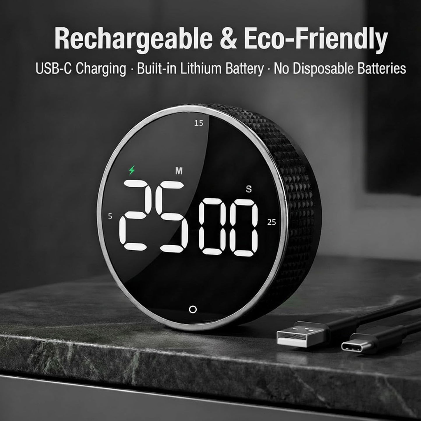 Rechargeable Magnetic Kitchen Timer, LED Countdown/Count-Up Timer, Supports USB-C Charging, with Loud Alarm, 3 Preset Quick Times (5/15/25m), Perfect for Kitchen Cooking, Studying, and Fitness