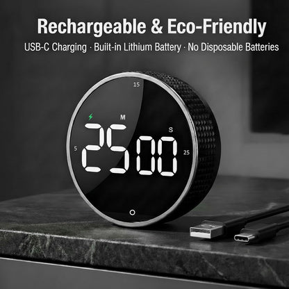 Rechargeable Magnetic Kitchen Timer, LED Countdown/Count-Up Timer, Supports USB-C Charging, with Loud Alarm, 3 Preset Quick Times (5/15/25m), Perfect for Kitchen Cooking, Studying, and Fitness