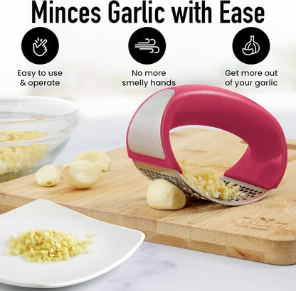 Angel's Peel Lounge Stainless Steel Garlic Press Rocker Set with Silicone Garlic Peeler & Cleaning Brush – Garlic Chopper, Mincer, Grater, Crusher – Easy for Crushed Cloves – Rust-Resistant, Black