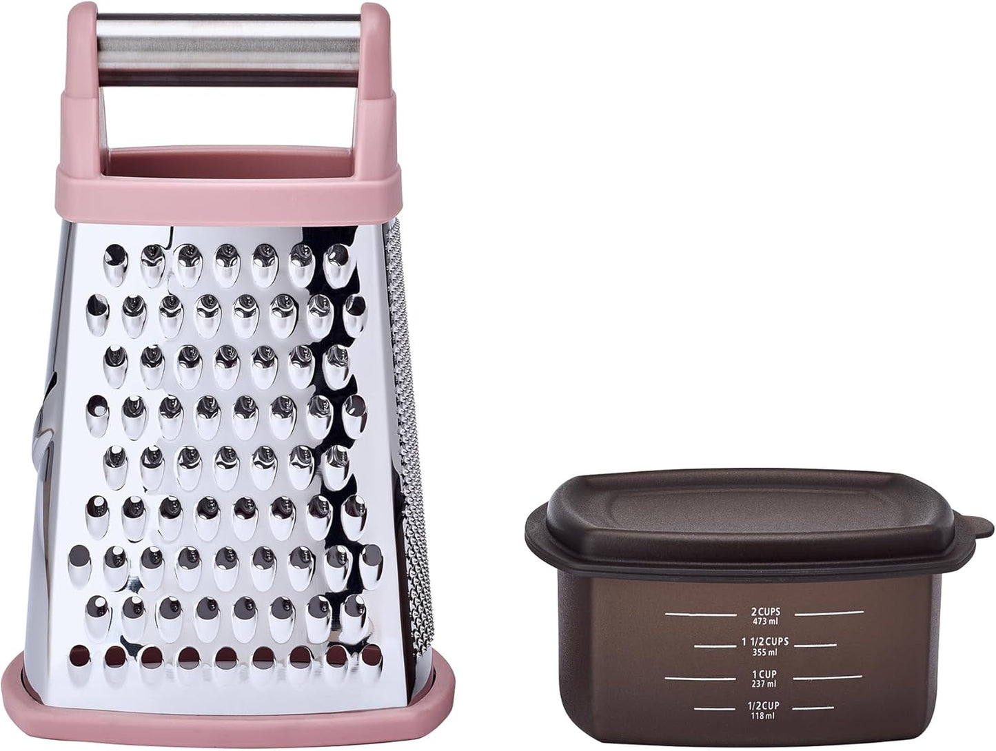 KitchenAid Gourmet 4-Sided Stainless Steel Box Grater for Fine, Medium and Coarse Grate, and Slicing, Detachable 3 Cup Storage Container and Measurment Markings, Dishwasher Safe, 10 inches tall, Black