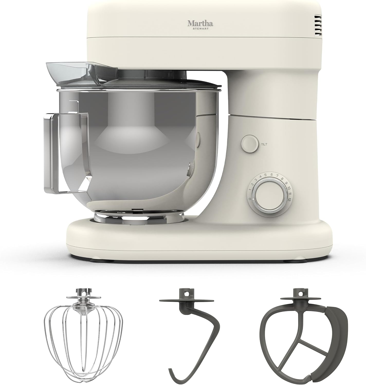 Martha Stewart Tilt-Head Stand Mixer, 12 Speed, 5.3QT Stainless Steel Bowl, Splash Guard with Pour Chute, Whisk, Dough Hook, Flat Beater, Electric Kitchen Baking Mixer, Bread, Cake, Whip, Sky Blue