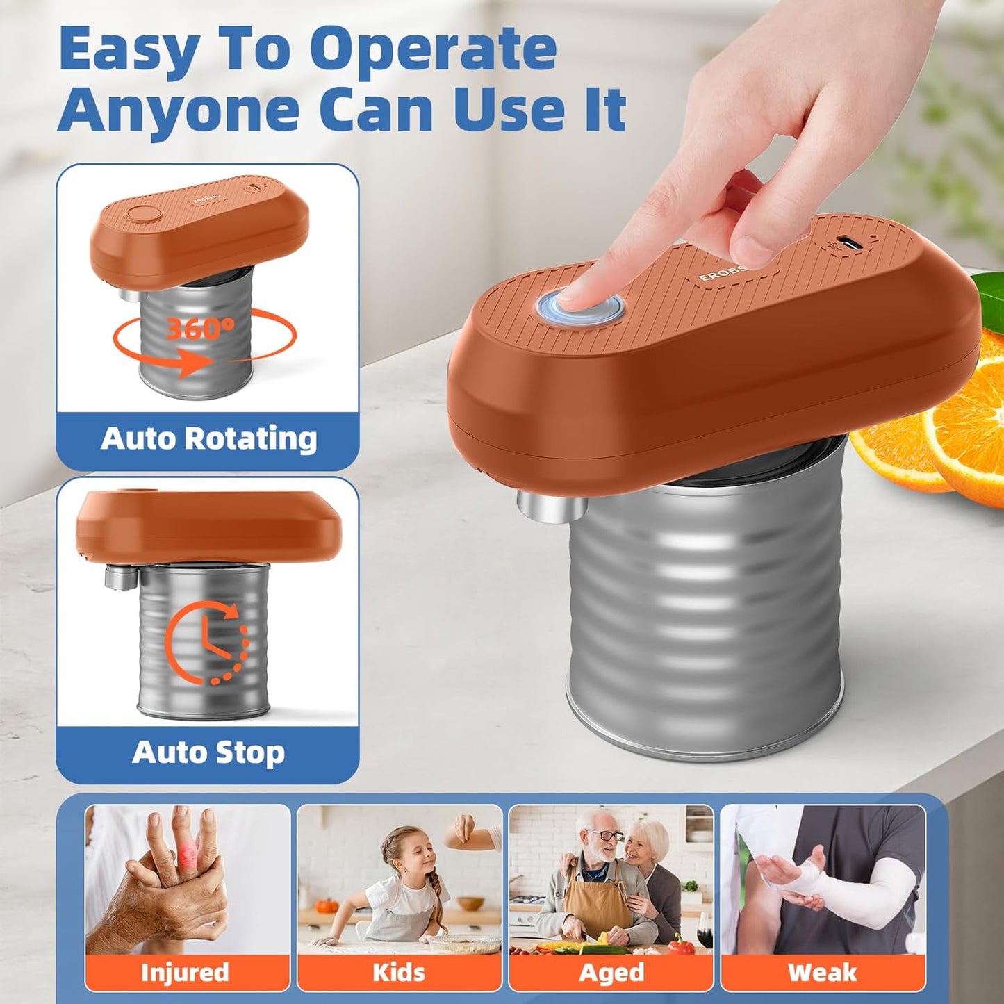 Electric Can Opener, Rechargeable Can Openers for Seniors & Arthritis, One-Touch Automatic Can Opener, Hands-Free, Smooth Edge, Compact, Kitchen Gadgets