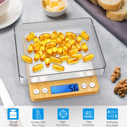 (Upgraded) AMIR Digital Kitchen Scale, 500g Mini Pocket Jewelry Scale, Food Scale, Coffee Scale, Back-Lit LCD Display, 2 Trays, 6 Units, Auto Off, Tare, PCS, Stainless Steel (Batteries Included)