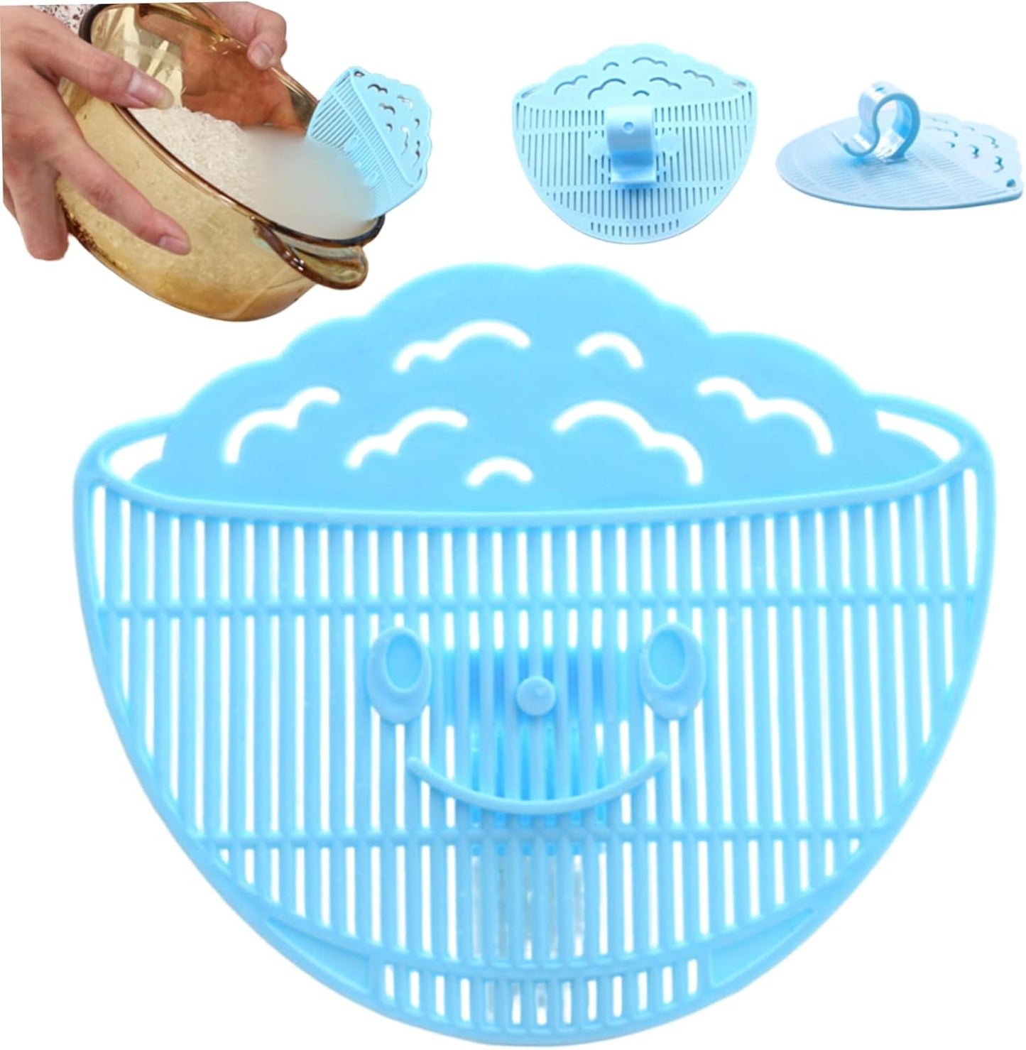 Clip on Strainer 4x5 Inch Food Grade PP "Rice in Bowl" Clip on Strainer for Pots with Smiling Expression for Rice/Noodle/Fruit/Vegetable Washing
