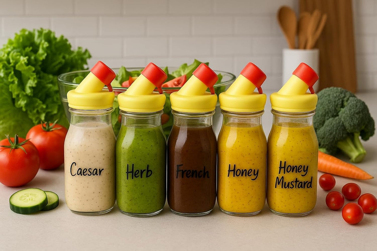 kitchentoolz Salad Dressing Shaker Bottle – 12oz Carafe Glass Bottle with Silicone Pour Spout and Tamper-Proof Lid for Sauces and Marinades - Salad Dressing Dispenser Container