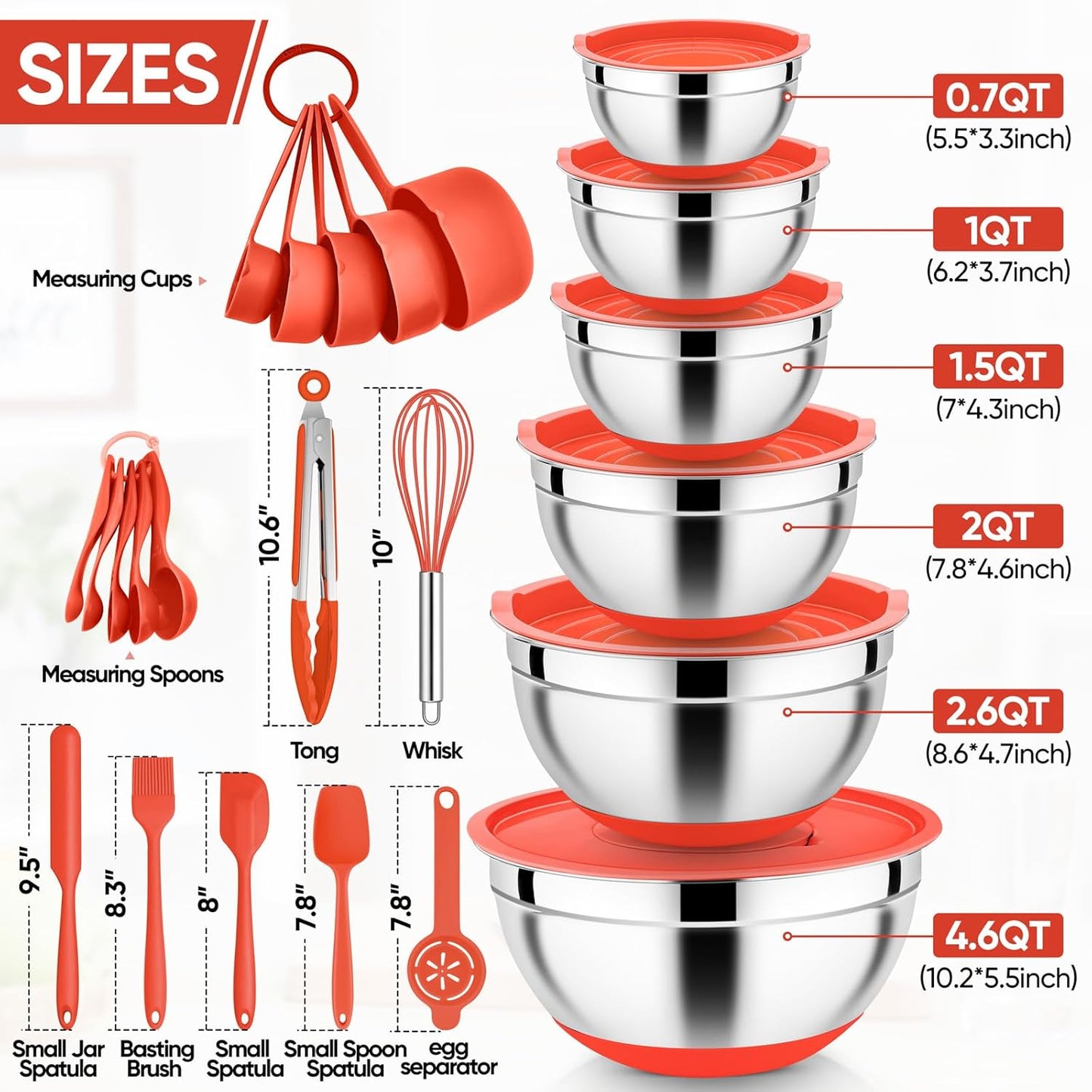 E-far 25PCS Mixing Bowls with Lid Set, Stainless Steel Nesting Prep Bowls with Grater Attachments Non-Slip Bottoms for Cooking, Baking, Serving, Food Storage, 4.6/2.6/2/1.5/1/0.7QT - Blue