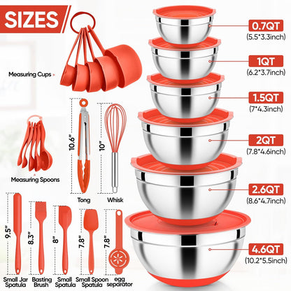 E-far 25PCS Mixing Bowls with Lid Set, Stainless Steel Nesting Prep Bowls with Grater Attachments Non-Slip Bottoms for Cooking, Baking, Serving, Food Storage, 4.6/2.6/2/1.5/1/0.7QT - Blue