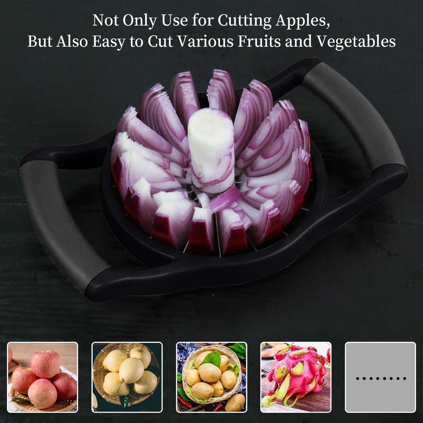 YYP Stainless Steel Apple Slicer & Corer – Upgraded 16-Sharp Blades, Large Size, Ergonomic Non-Slip Plastic Handle for Easy Grip, Rust-Proof Kitchen Fruit Divider, Easy to Clean (Black)