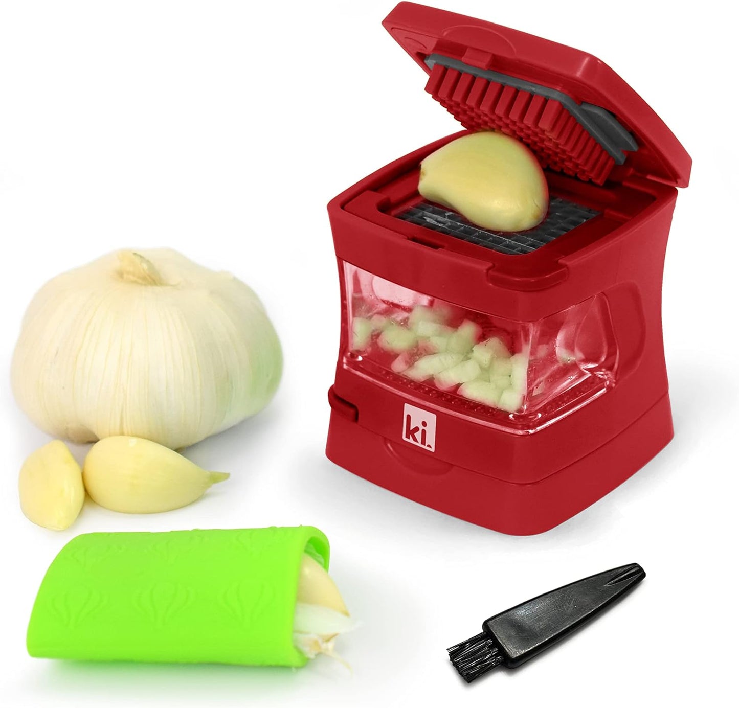 Garlic-A-Peel Garlic Press, Crusher, Cutter, Mincer, and Storage Container - Includes Silicone Garlic Peeler - Easy to Clean - Stainless Steel Blades – (Black), standard