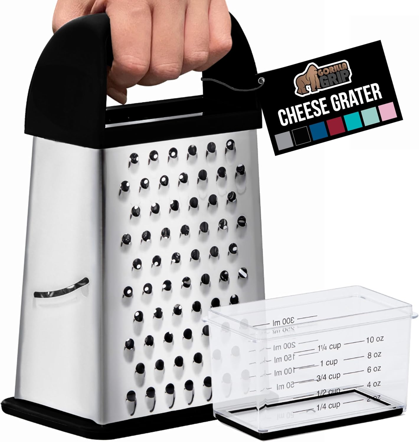 GORILLA GRIP® XL 4-Sided Stainless Steel Cheese Grater With Measurement Container, BPA-Free Box Grater, Slip Resistant Base, Grate Hard Parmesan, Shred Veggies, Zest Citrus, Dishwasher Safe, Red