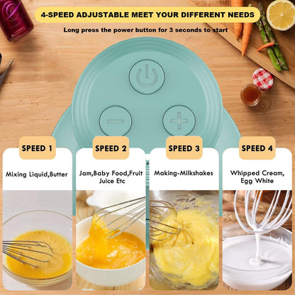 Cordless Hand Mixer MixgoII, Handheld Mixer Electric Whisk & Milk Frother, Hand Held Mini Mixers, Rechargeable Hand Mixer and Whisker, Food Processor for Cooking, Food Chopper, 4-Speed, 10Oz