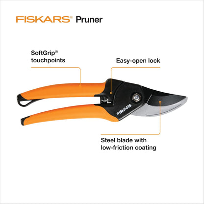 Fiskars Bypass Pruning Shears, 5/8" Cut Capacity Gardening Scissors, Self-Cleaning Sap Groove Prevents Sticking, Non-Slip Grip for Cutting Stems & Branches, Sharp Steel Blades w/ Low-Friction Coating