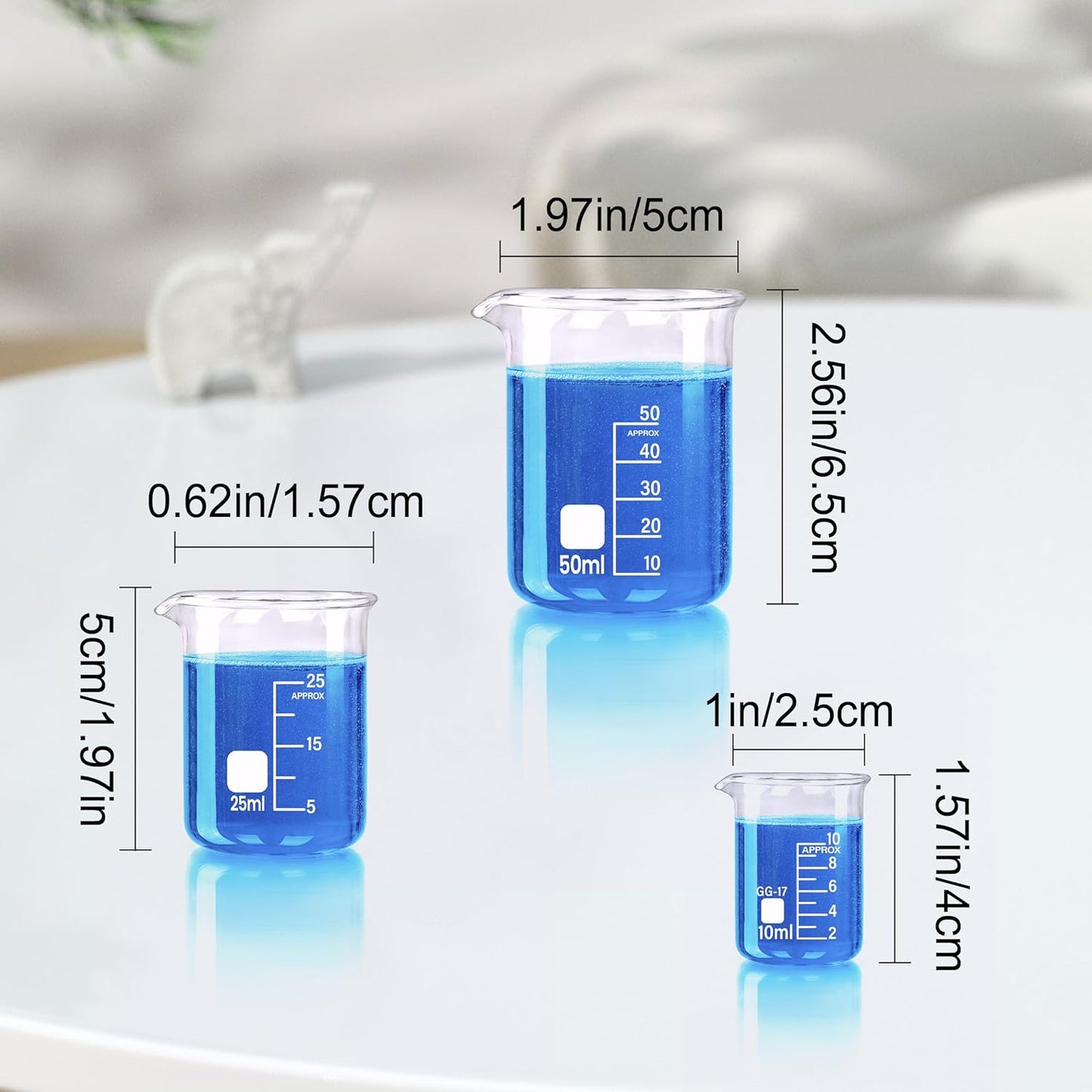 Glass Beakers Set, 5 Sizes - 10ml, 25ml, 50ml, 100ml, 250ml, 3.3 Borosilicate Beaker for Laboratories, Classrooms or Home, Griffin Low Form Lab Beakers