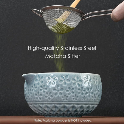 Matcha Whisk Set, Ceramic Bowl Matcha Kit & Handcrafted Bamboo Chasen, Complete 5 Pcs Matcha Set Whisk and Bowl, Stainless Steel Sifter, Bamboo Scoop & Holder for Matcha Lovers