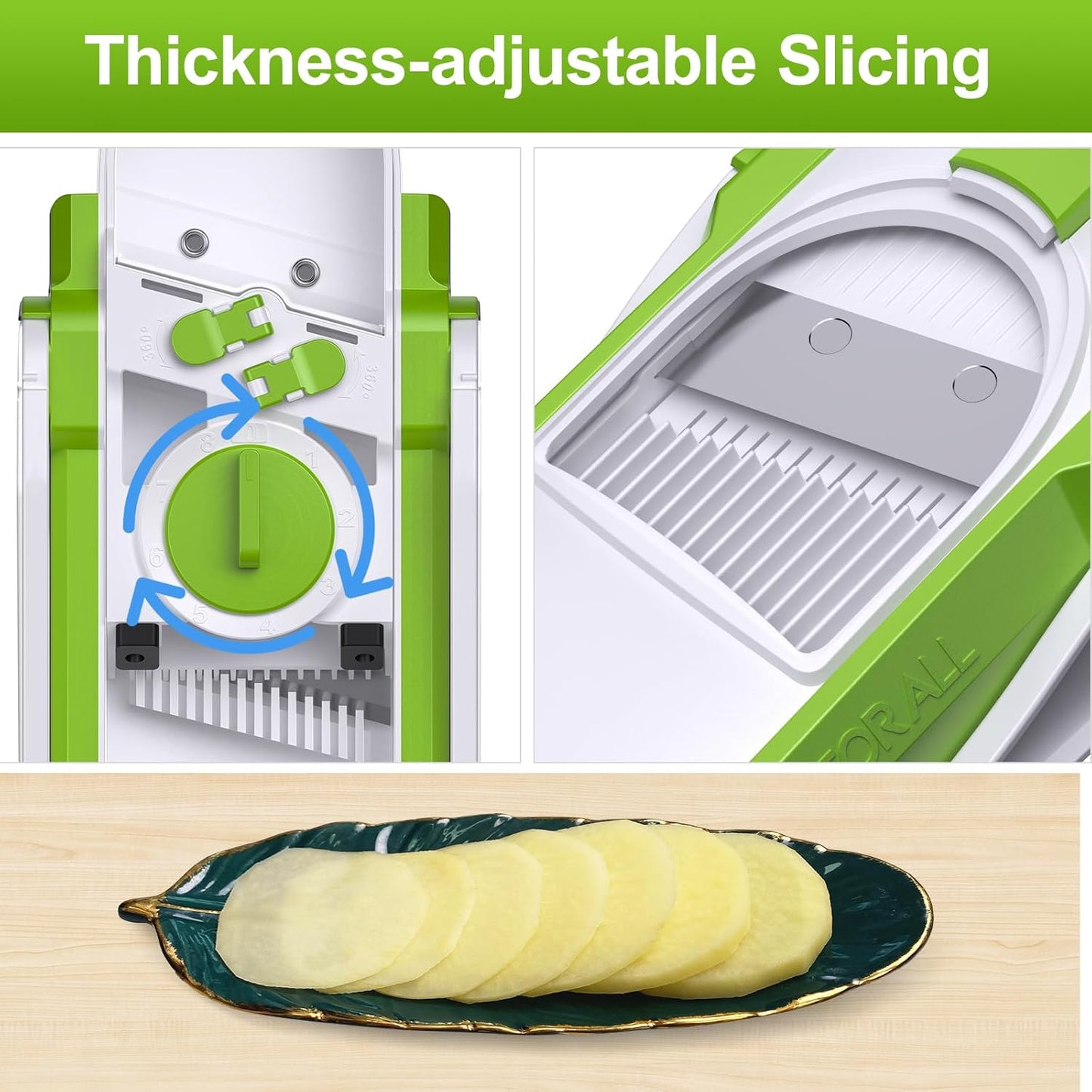 Safe Mandoline Slicer for Kitchen, Adjustable Thickness 0.1-8 mm, 5 in 1 Multi Vegetable Chopper, Potato Slicer, Food Chopper French Fry Cutte, Paring Knife/Cleaning Brush, Mandolin (BlackKnight)