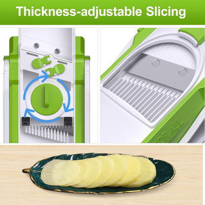 Safe Mandoline Slicer for Kitchen, Adjustable Thickness 0.1-8 mm, 5 in 1 Multi Vegetable Chopper, Potato Slicer, Food Chopper French Fry Cutte, Paring Knife/Cleaning Brush, Mandolin (BlackKnight)