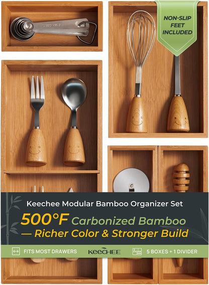 keechee Carbonized Bamboo Kitchen Drawer Organizer, 10 Slots Expandable Silverware Organizer, Utensil Holder & Cutlery Tray, 2.2" Deep for Extra Capacity, Non-Slip Feet Included