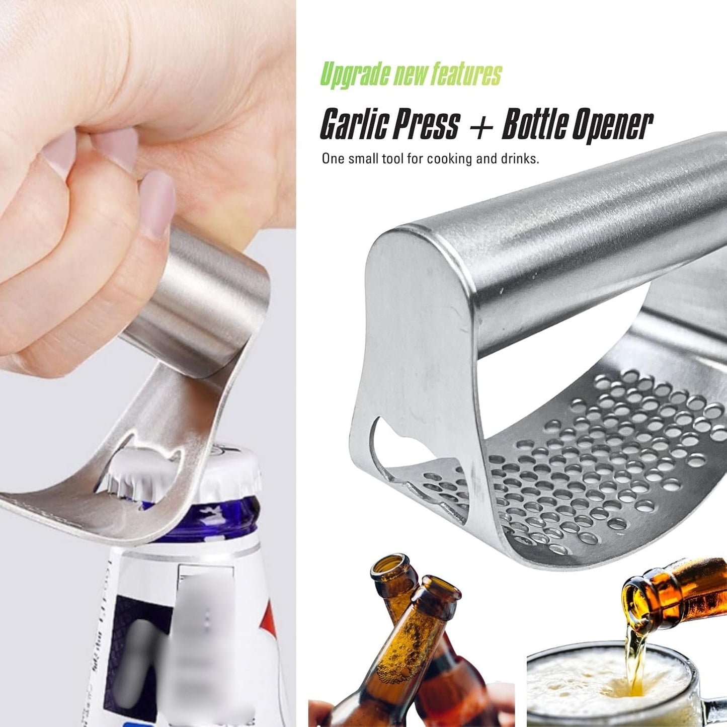 Garlic Press Rocker 304 Stainless Steel Garlic Mincer Crusher Easy to Clean Dishwasher Safe Textured End for Light Tenderizing, with Silicone Peeler and Cleaning Brush (Pink)