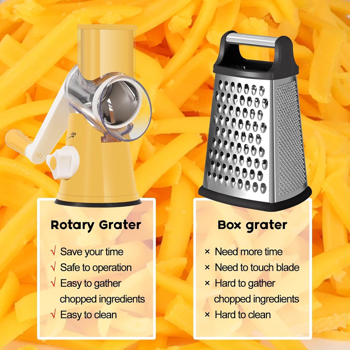 Ourokhome Rotary Cheese Grater Hand Crank, Kitchen Shredder Speed Mandolin Slicer Nut Grinder with Handle and Drum Blades for Cheese, Vegetable, Walnut, Chocolate, Potato, Carrot, 3 Blades, Dark Blue
