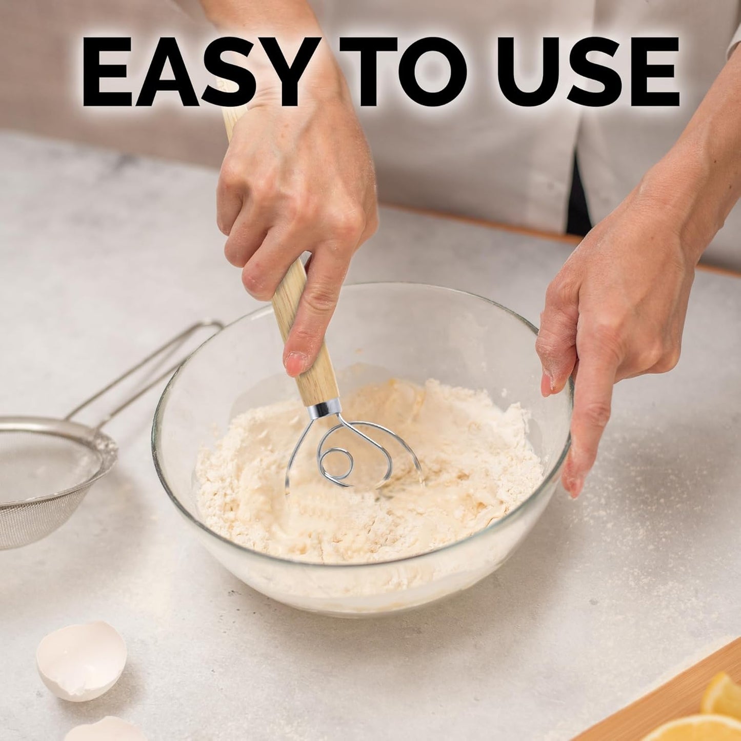 Zulay Kitchen 13-Inch Danish Dough Whisk - Stainless Steel Wooden Whisk with Dough Hook - Sourdough Whisk for Bread, Pizza, Pastry, Cake Batter & More - Wood