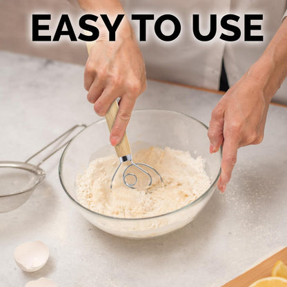 Zulay Kitchen 13-Inch Danish Dough Whisk - Stainless Steel Wooden Whisk with Dough Hook - Sourdough Whisk for Bread, Pizza, Pastry, Cake Batter & More - Wood