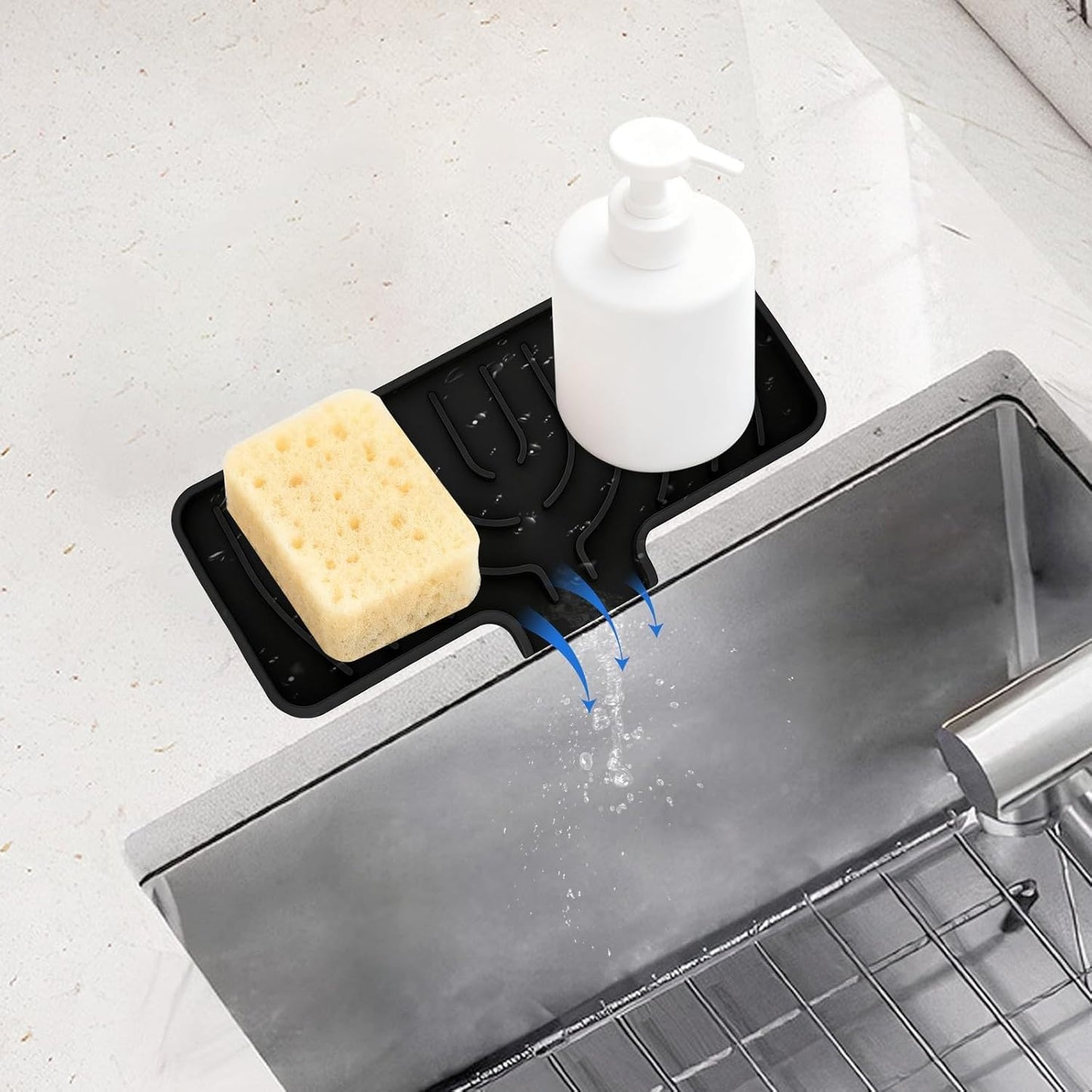 JACZZO Silicone Sponge Holder for Kitchen Sink, (10x4 In) Sink Caddy with Drain Spout, Self Draining Soap Tray & Organizer, Kitchen Accessories,Bathroom Organizer, Easy to Clean (Grey)