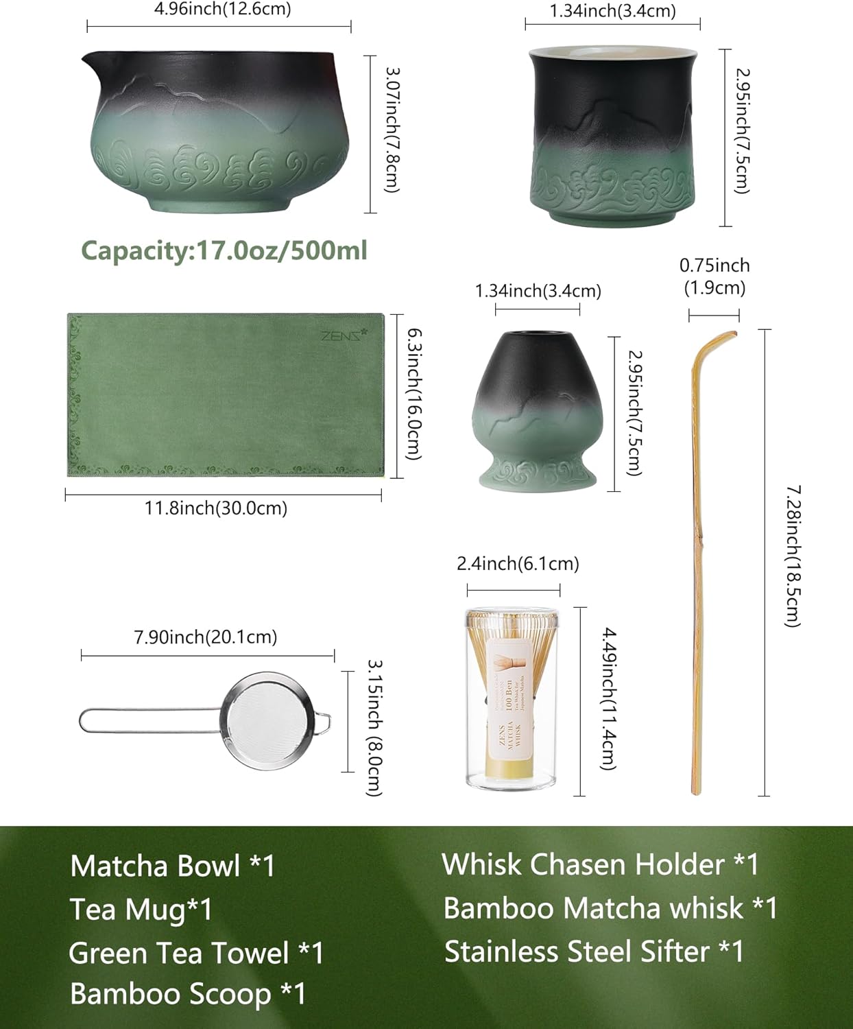 ZENS Pink Matcha Set, Matcha Whisk Set Includes 15oz Ceramic Bowl & (Chasen Holder), Bamboo Whisk & Scoop, Sifter and Pink Tea Towel, 6pcs Matcha Kit for Matcha Lovers